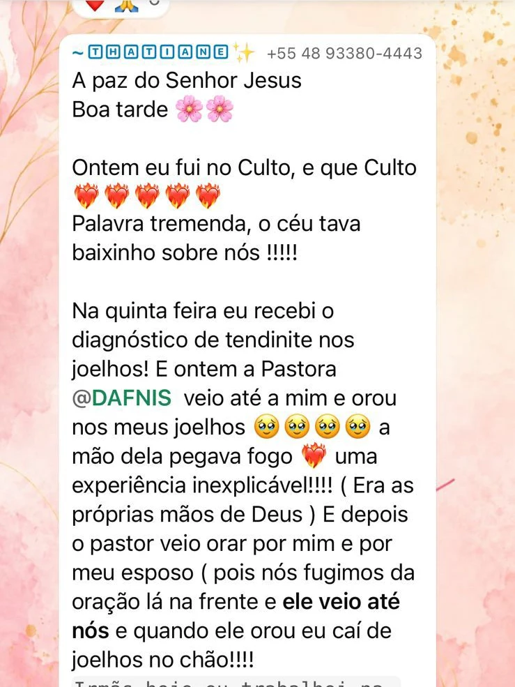 Depoimento de Thatiane sobre o culto e a cura recebida
